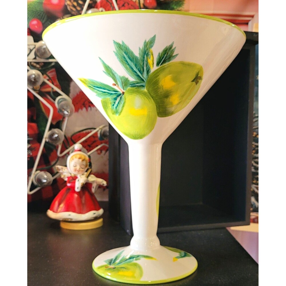 Unique Baum Bros Style-Eyes Hand Painted Large Martini Glass Apple Motif
